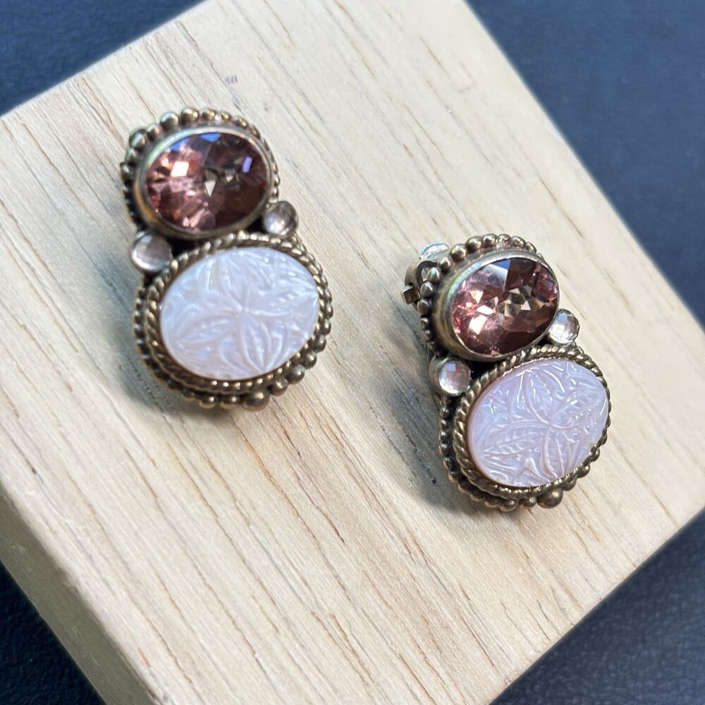 Stephen Dweck 925 Sterling Silver Clip Earrings Pink Crystal Carved MOP Shell